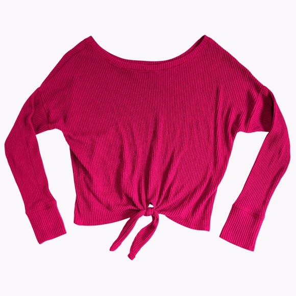 Abercrombie & Fitch Ribbed Sweater Medium Womens Raspberry Long Sleeve Tie Front - Picture 1 of 6